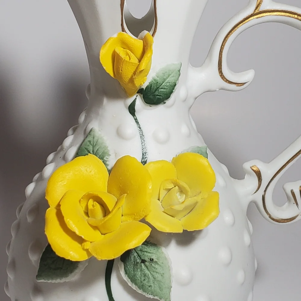 Vintage Lefton China, Japan Porcelain Pitcher Vase with Yellow Rose Flowers EVC